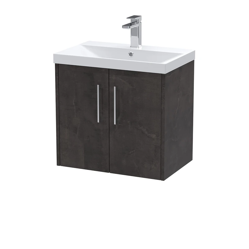 Hudson Reed JNU2623D Juno Wall Hung 2 Door Vanity Unit & Thin-Edge Ceramic Basin, 600mm, Matt Metallic Slate