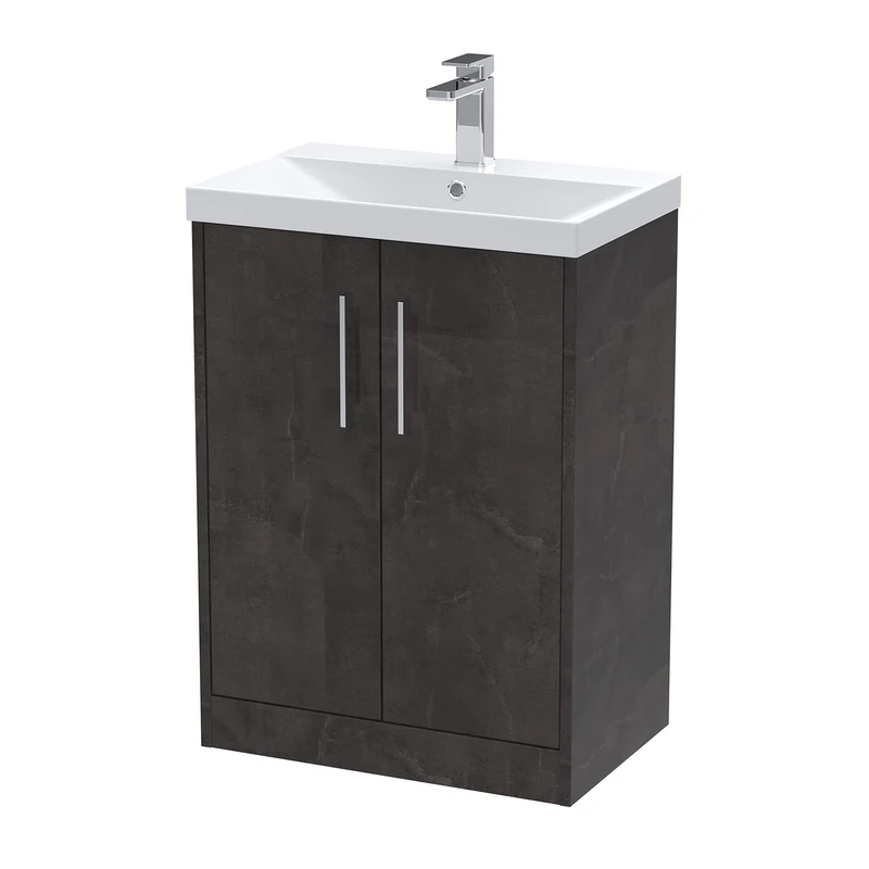 Hudson Reed JNU2603D Juno Modern Bathroom Floor Standing 2 Door Vanity Basin Unit & Thin-Edge Ceramic Basin, 600mm, Matt Metallic Slate