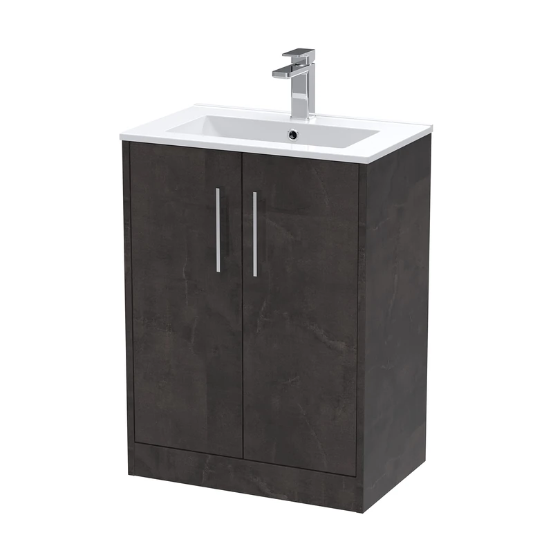 Hudson Reed JNU2603B Juno Modern Bathroom Floor Standing 2 Door Vanity Basin Unit & Minimalist Ceramic Basin, 600mm, Matt Metallic Slate