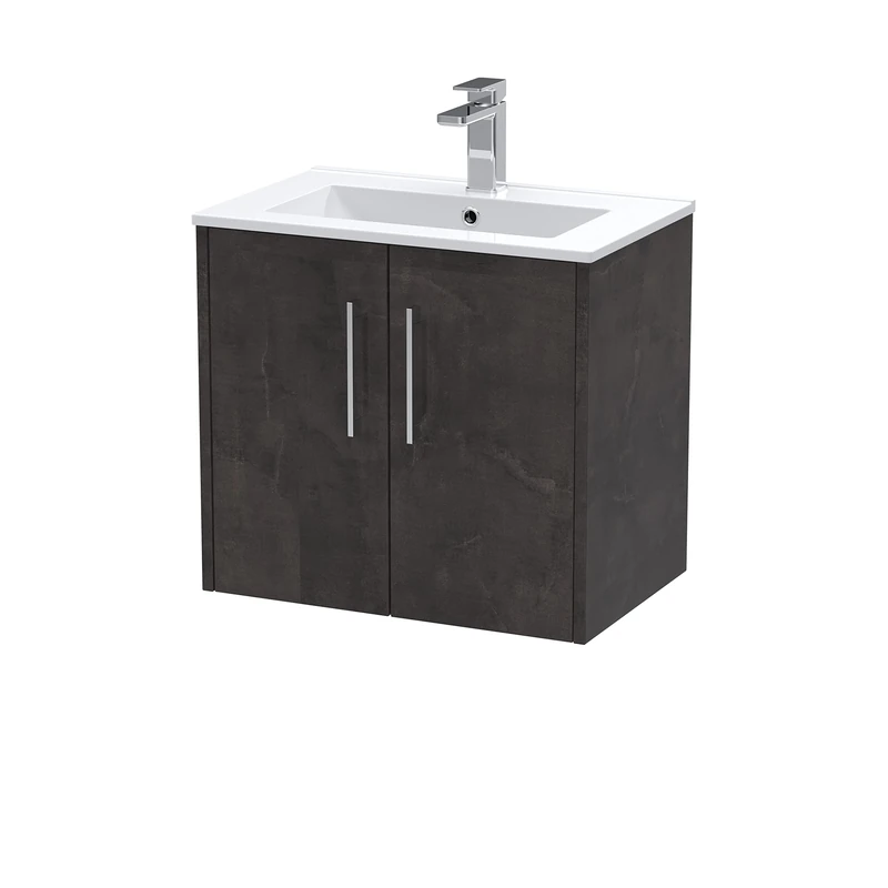 Hudson Reed Wall Hung 2 Door Vanity Unit & Minimalist Ceramic Basin, 600mm, Matt Metallic Slate