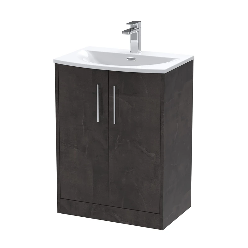 Hudson Reed JNU2603G Juno Floor Standing 2 Door Vanity Unit & Curved Ceramic Basin, 600mm, Matt Metallic Slate