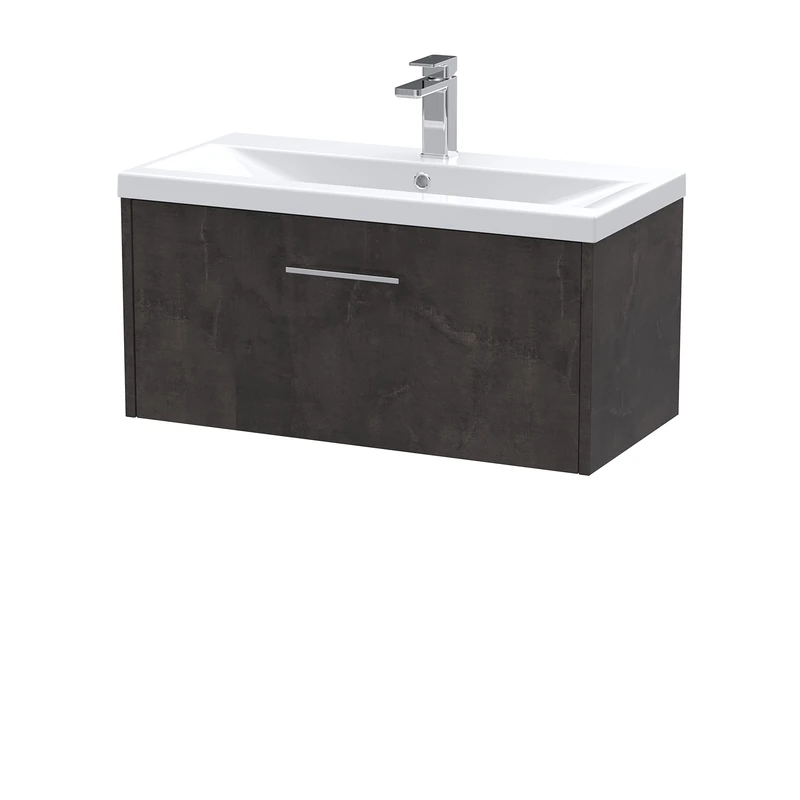 Hudson Reed Wall Hung 1 Drawer Vanity Unit & Mid-Edge Ceramic Basin, 800mm, Matt Metallic Slate