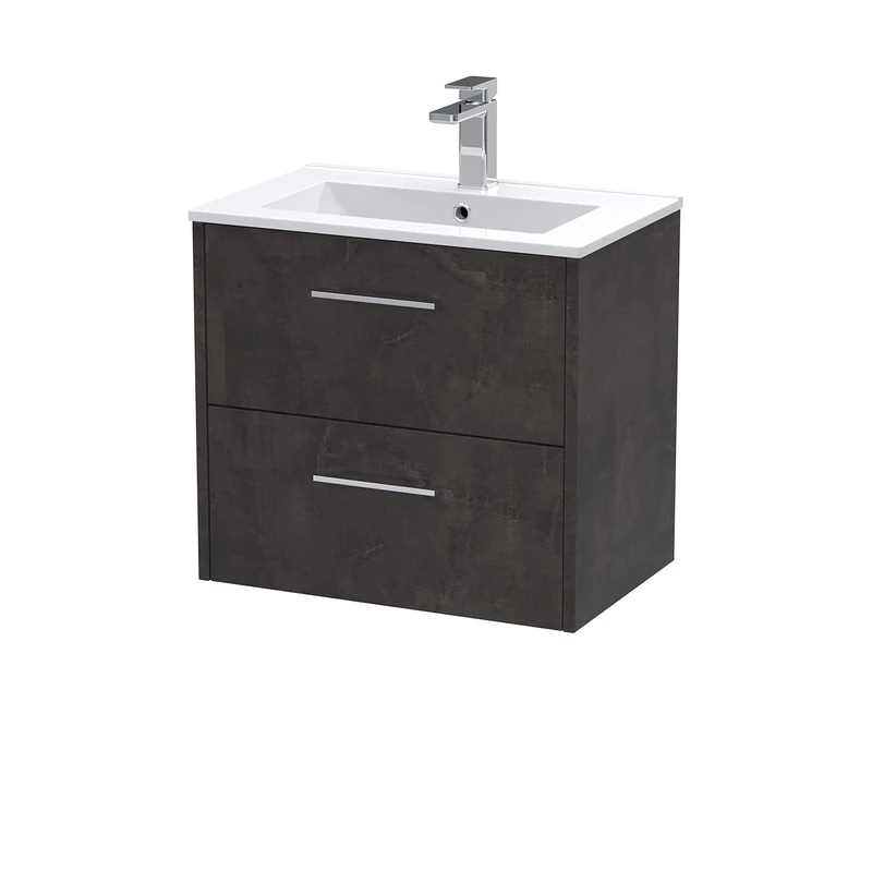 Hudson Reed JNU2624B Juno Modern Bathroom Wall Hung 2 Drawer Vanity Basin Unit & Minimalist Ceramic Basin, 600mm, Matt Metallic Slate