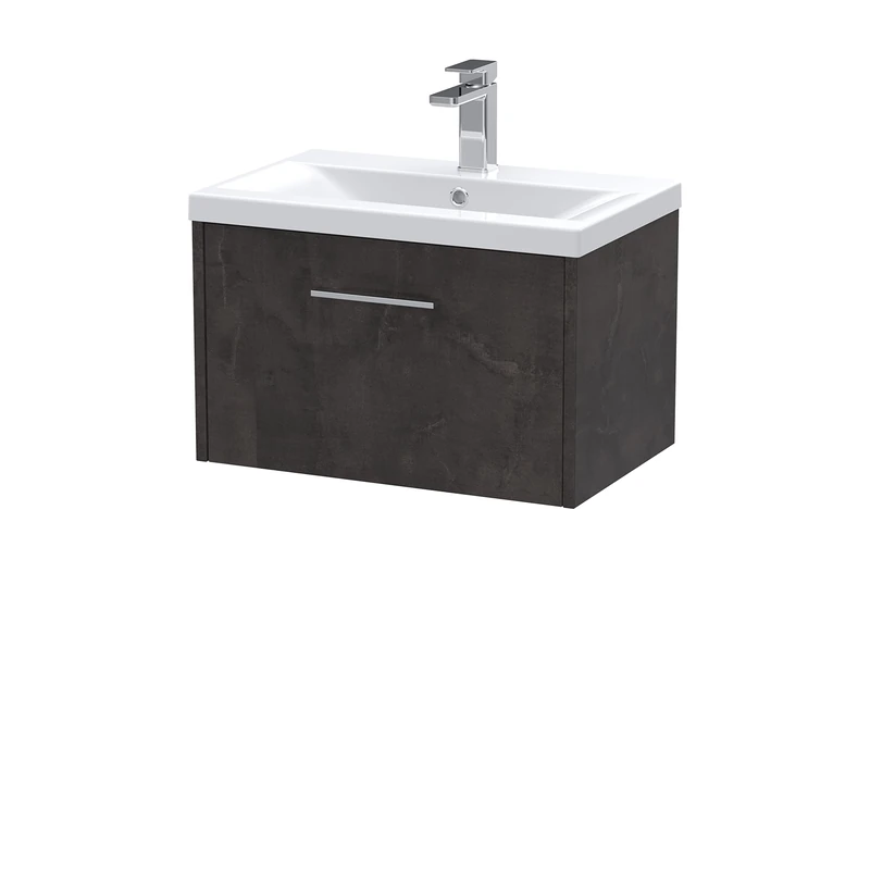 Hudson Reed JNU2622A Juno Wall Hung 1 Drawer Vanity Unit & Mid-Edge Ceramic Basin, 600mm, Matt Metallic Slate