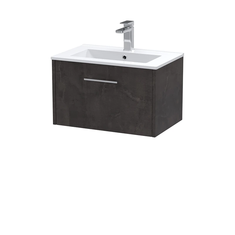 Hudson Reed JNU2622B Juno Wall Hung 1 Drawer Vanity Unit & Minimalist Ceramic Basin, 600mm, Matt Metallic Slate