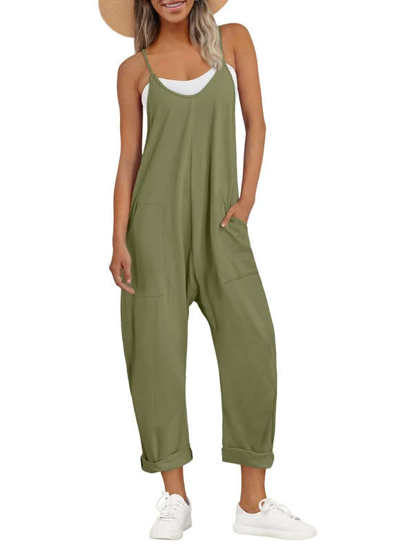 AUTOMET Jumpsuits for Women Casual Summer Rompers Sleeveless Loose Spaghetti Strap Baggy Overalls Jumpers with Pockets 2024, Armygreen, Medium