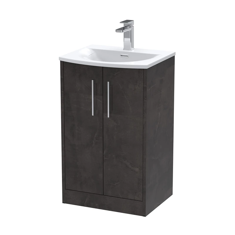 Hudson Reed JNU2601G Juno Modern Bathroom Floor Standing 2 Door Vanity Basin Unit & Curved Ceramic Basin, 500mm, Matt Metallic Slate
