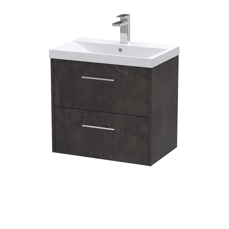 Hudson Reed JNU2624D Juno Modern Bathroom Wall Hung 2 Drawer Vanity Basin Unit & Thin-Edge Ceramic Basin, 600mm, Matt Metallic Slate
