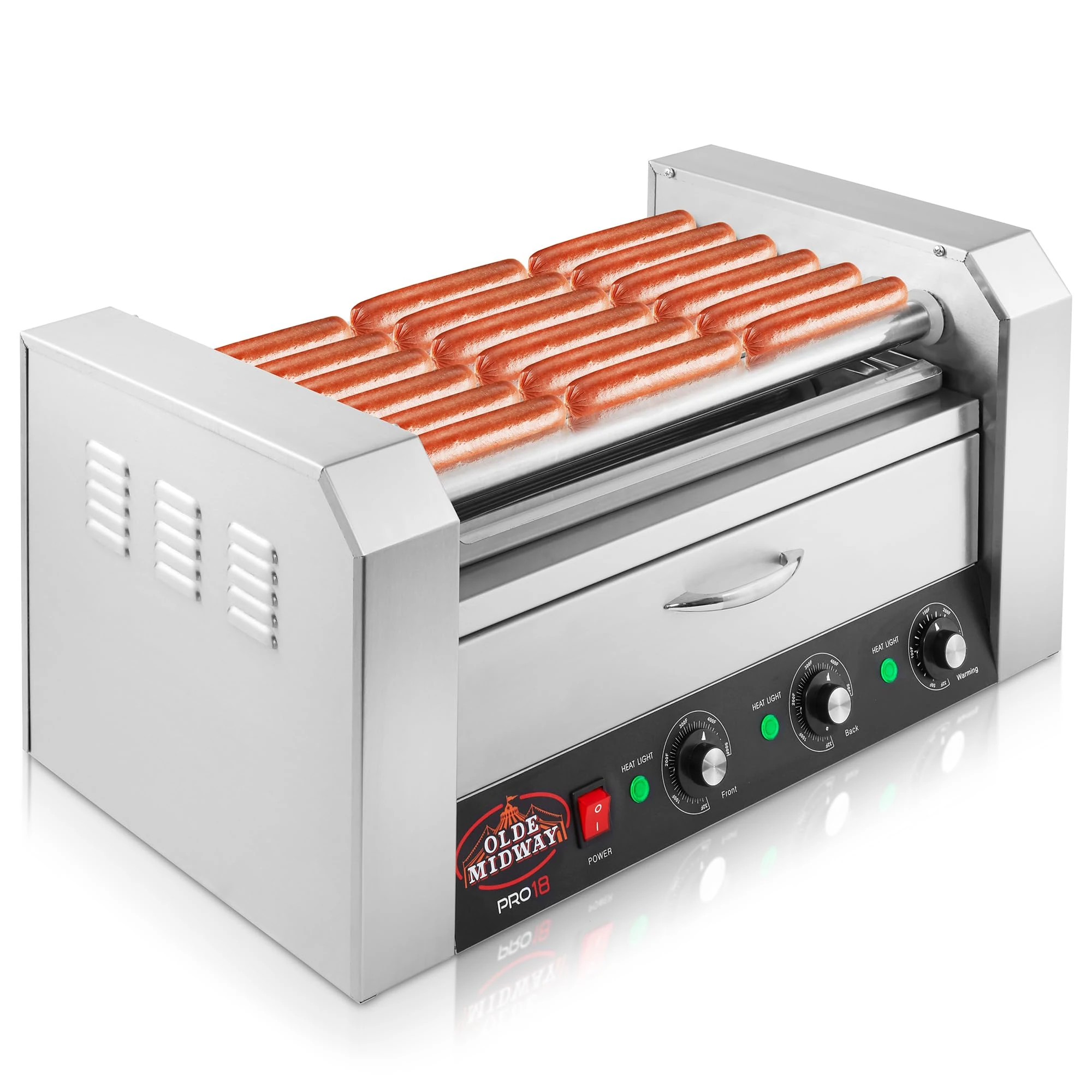 Olde Midway Electric 18 Hot Dog 7-Roller Kitchen Machine with Muffin Warming Drawer, Commercial Grade, Stainless Steel
