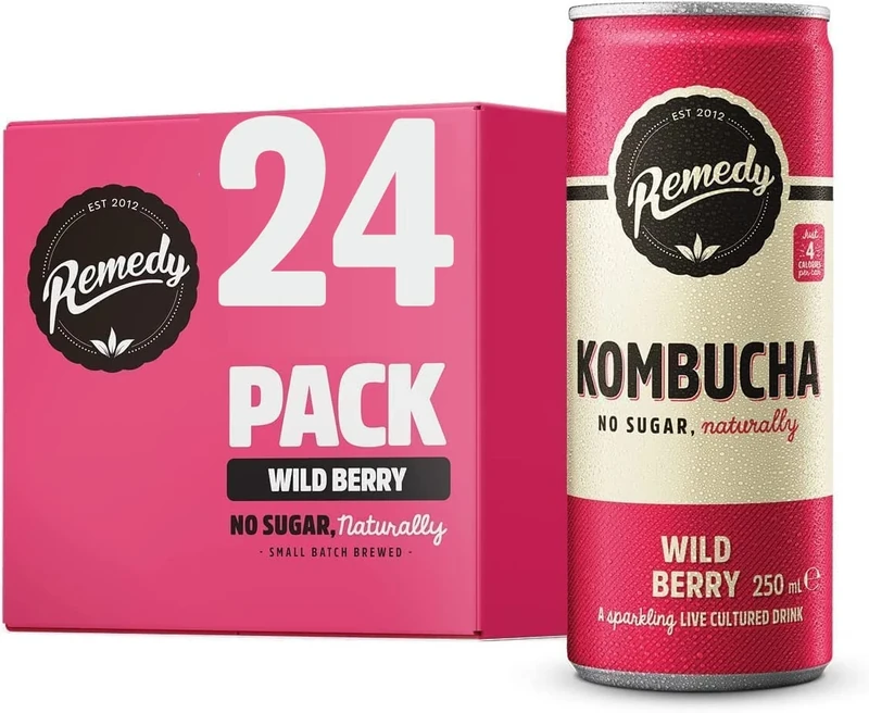 Remedy Kombucha Tea - Wild Berry - Sparkling Live Cultured, Naturally Sugar Free Soft Drink - Probiotic for Gut Health - 24 x 250ml