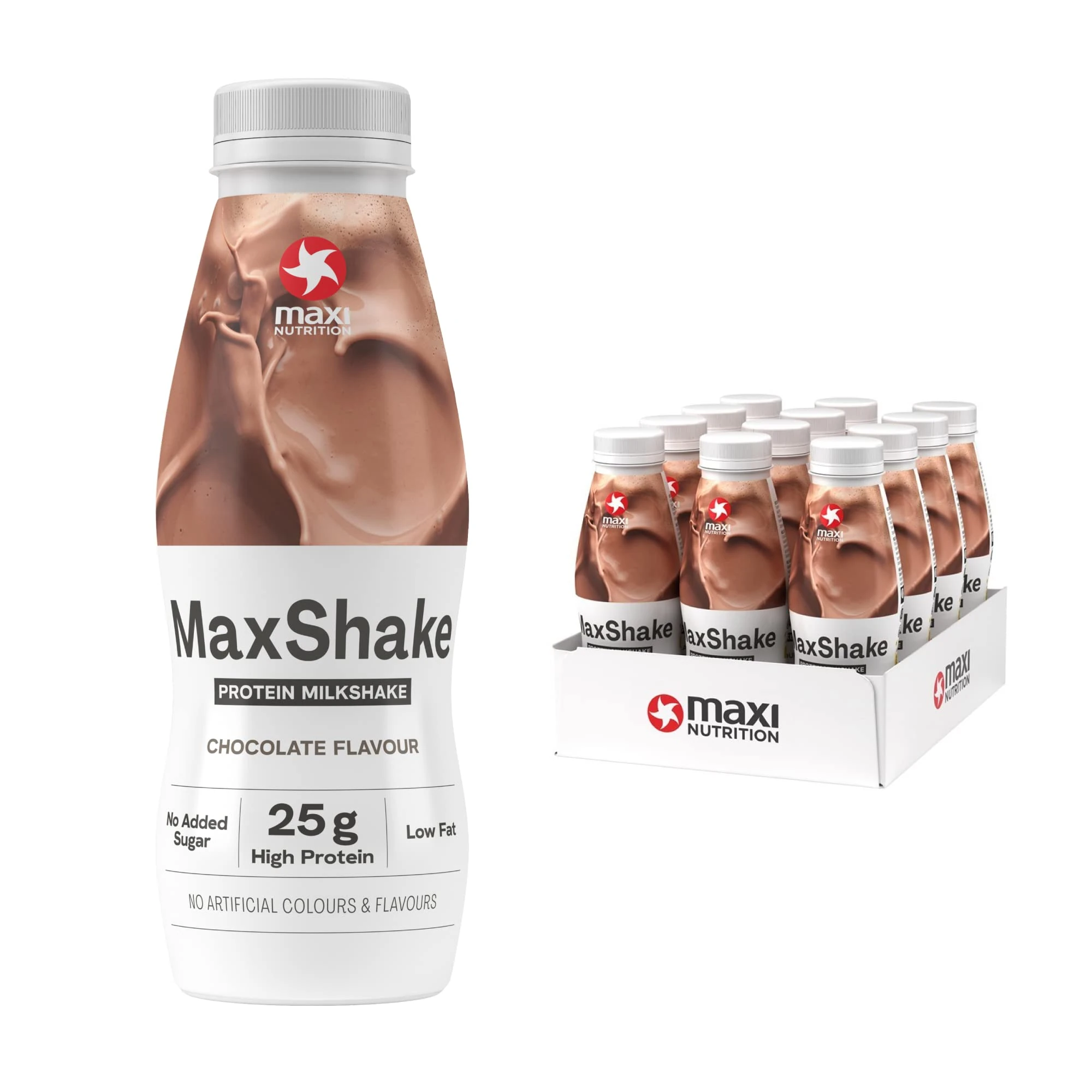 MaxiNutrition MaxShake Protein Milkshake Chocolate, 12 x 330 ml, Creamy Protein Shake for Travel, 25 g Protein, Low Fat and Low Carb, Lactose-Free, No Artificial Flavours
