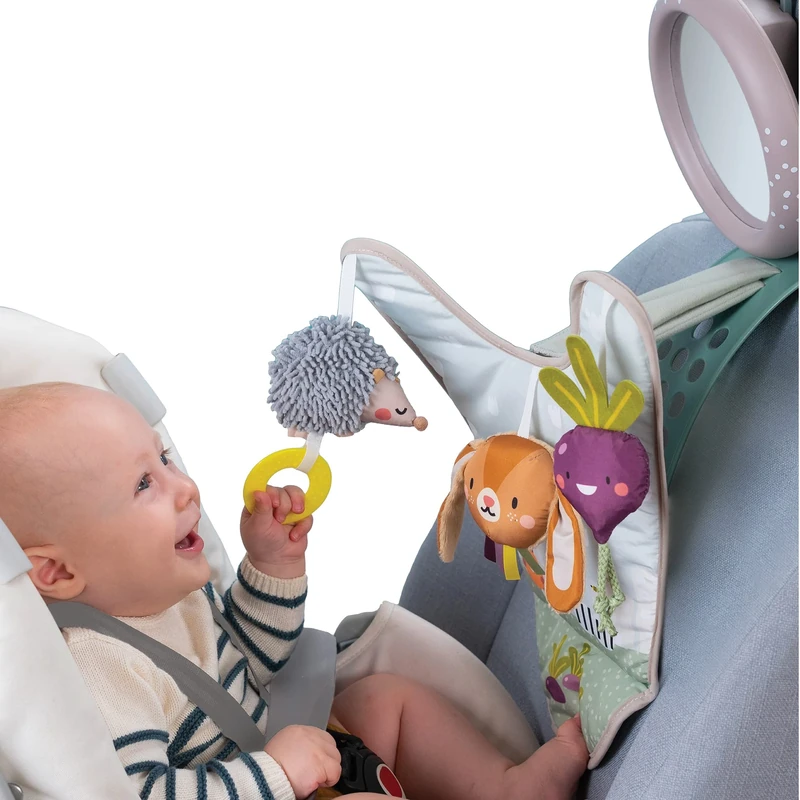 Taf Toys Urban Garden In Car Activity Centre. Play and Kick Travel Car Toy. Easy to Fit and Adjust with 3 Sensory Hanging Toys and Baby-safe Mirror. Suitable for Boys & Girls from Birth