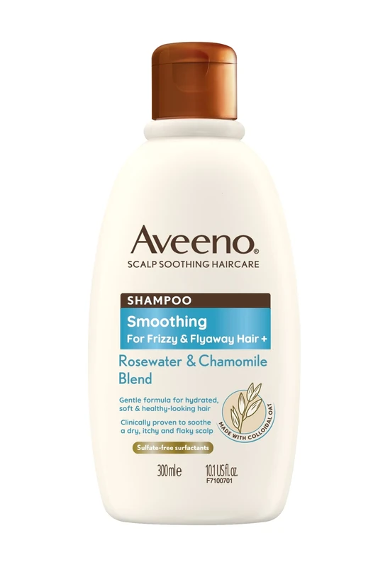 Aveeno Scalp Soothing Haircare Smoothing Shampoo, Rosewater & Chamomile Blend, Colloidal Oat Extract, Frizzy & Flyaway Hair, Soothes Dry, Itchy & Flaky Scalp, Clinically Proven, Sulfate Free, 300ml