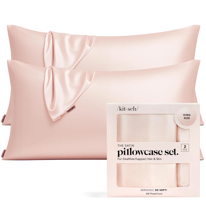 Kitsch 100% Satin Pillowcase with Zipper, Softer Than Silk Pillowcase for Hair & Skin, Cooling Pillow case, Satin Pillow Case Cover (King (2 Pack), Blush)
