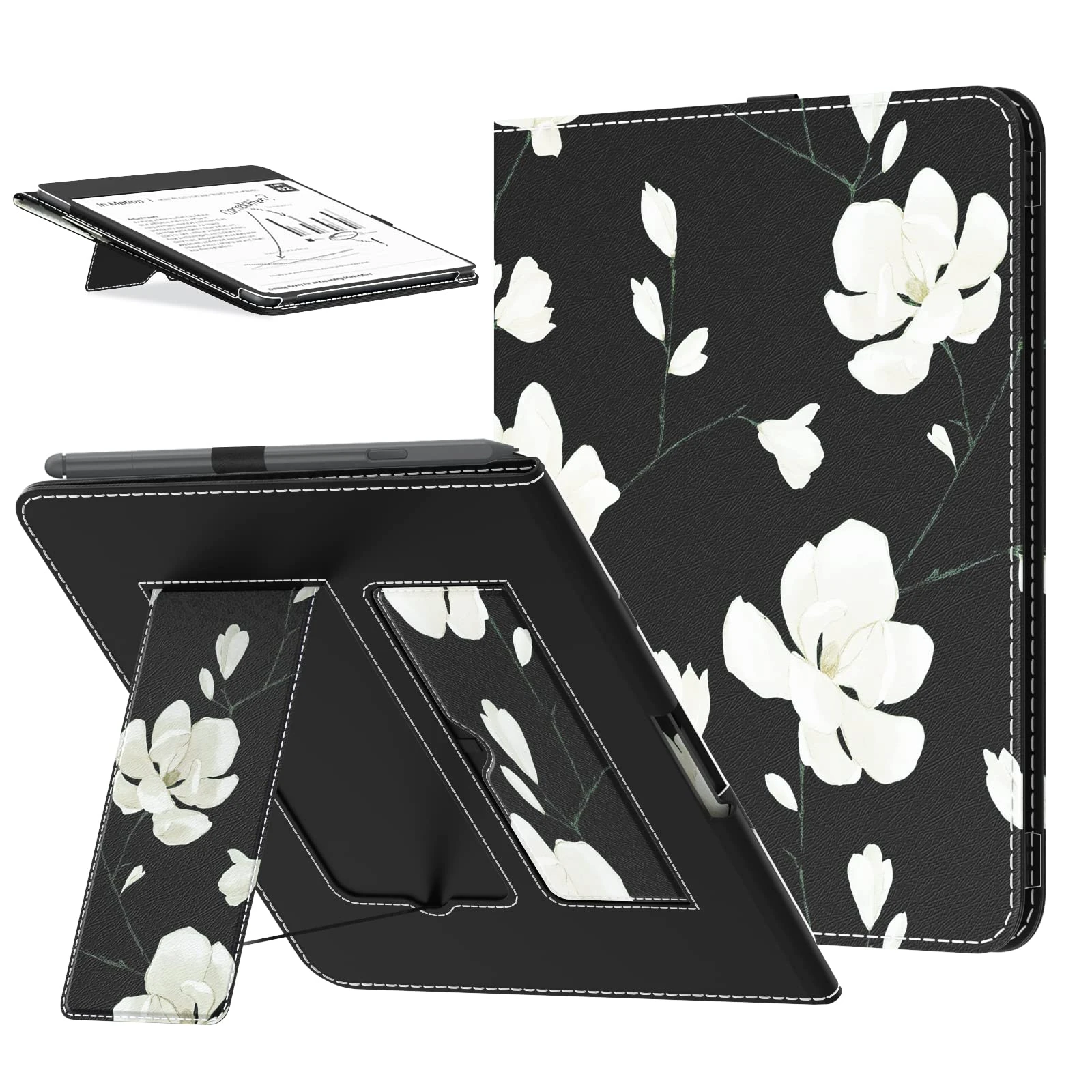 MoKo Protective Case for 10.2" Kindle Scribe 2024/2022 Release-1st Generation, Slim PU Shell Leather Cover Case with Auto-Wake/Sleep Function for Kindle Scribe e-Reader 2024, Black & White Magnolia
