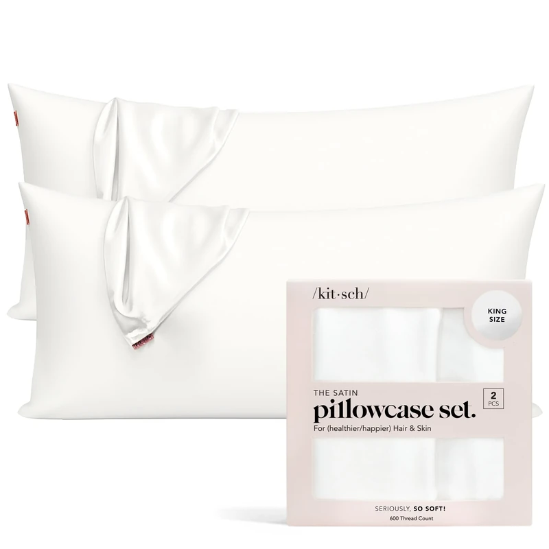 Kitsch 100% Satin Pillowcase with Zipper, Softer Than Silk Pillowcase for Hair & Skin, Cooling Pillow case, Satin Pillow Case Cover (King (2 Pack), Ivory)