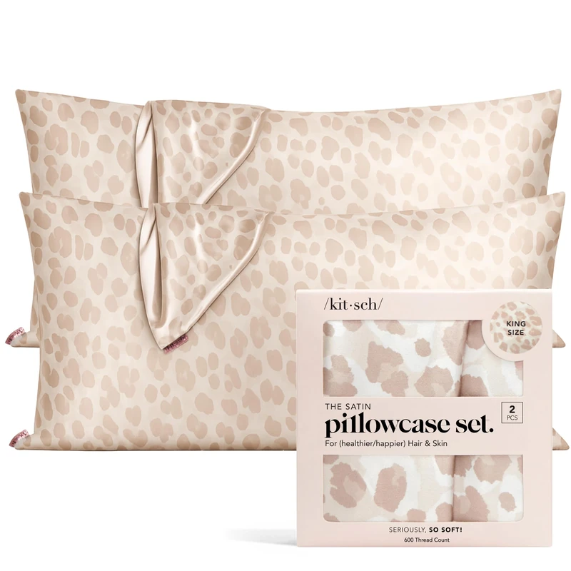 Kitsch 100% Satin Pillowcase with Zipper, Softer Than Silk Pillowcase for Hair & Skin, Cooling Pillow case, Satin Pillow Case Cover (King (2 Pack), Leopard)