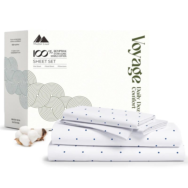 Mayfair Linen 100% Egyptian Cotton Printed Bed Sheets - 600 Thread Count 4 PC California King Sheet Set, Hotel Luxury Bedsheets, 16" Deep Pocket Cooling Sheets for Cal King Size Bed - Polka Dot - Navy