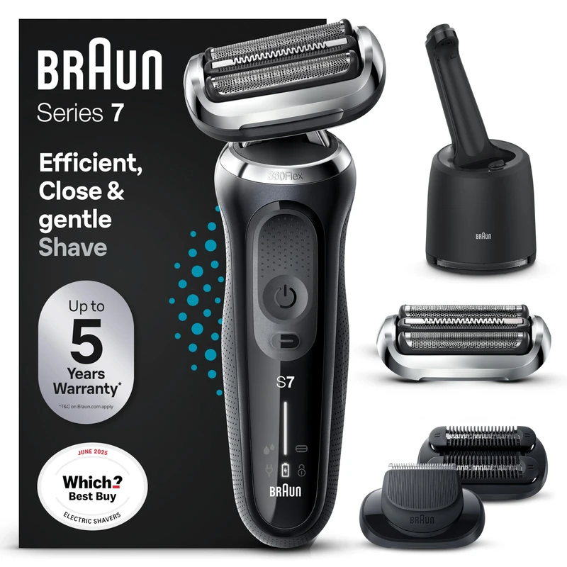 Braun Series 7 Electric Shaver + Series 7 Replacement Head Bundle: with Beard & Stubble Trimmer Attachments, Cordless Foil Razor, Smart Care Centre, 70-B7850cc, Blue Razor + Shaver Head, 73S, Silver