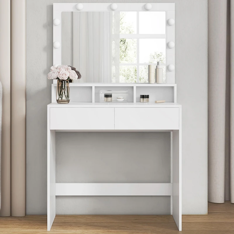 VASAGLE Dressing Table, Vanity Table with Large Mirror, LED Lights with Adjustable Brightness, 2 Drawers and 3 Compartments, Modern Makeup Table, White RDT195T14