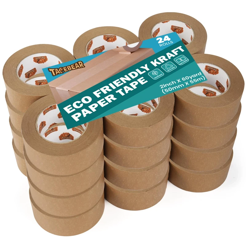 TAPEBEAR Eco-Friendly Kraft Paper Tape, Biodegradable Kraft Paper Tape, Recyclable Writable Packing Tape, Non-Coated Surface for Masking, Sealing, and Packaging Use, 2inch x 60yards, 24Rolls