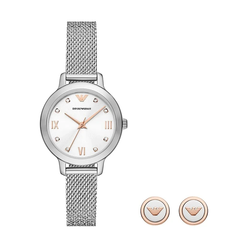 Emporio Armani Watch for Women, Three Hand Movement, 32MM Silver Recycled Stainless Steel (at Least 50%) case with a Stainless Steel Mesh Strap, AR80065SET