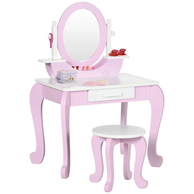 ZONEKIZ Kids Dressing Table, Kids Vanity Set, Girl Makeup Desk w/Mirror, Stool, Drawer, for Ages 3-6 Years - Pink