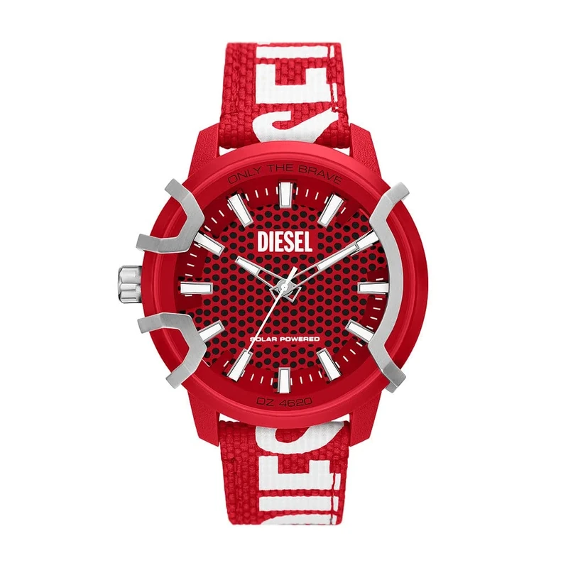 Diesel Watch for Men, Solar Powered Three Hand Movement, 48 mm Red Castor Oil Case with a Pro-Planet Textile Strap, DZ4620