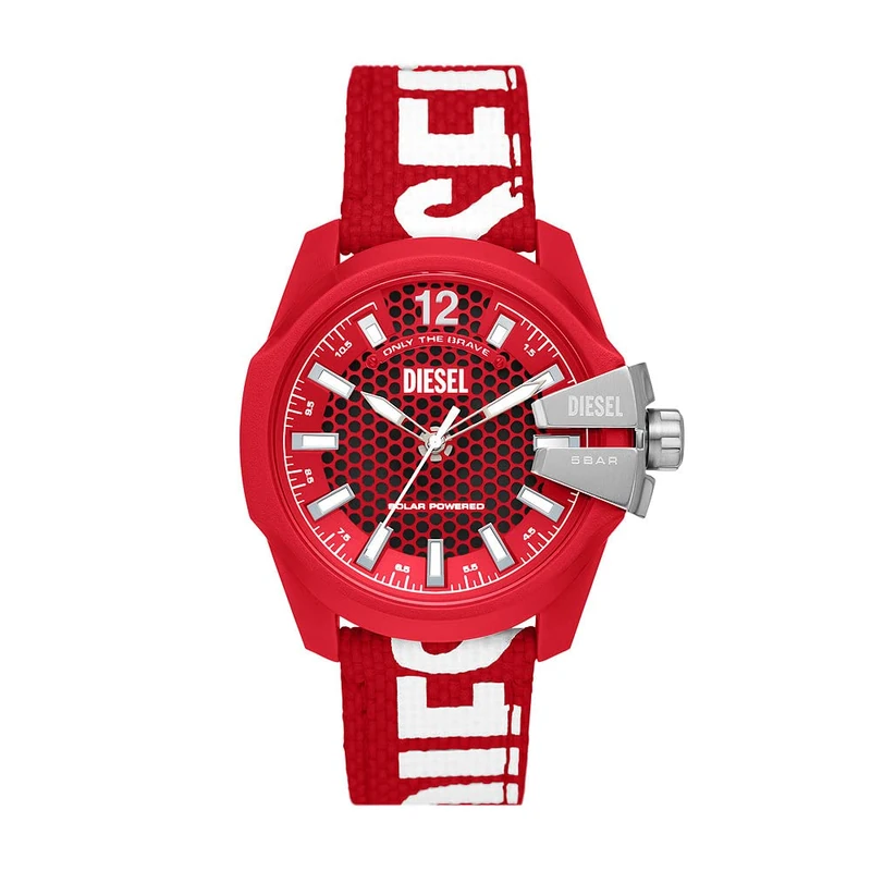 Diesel Watch for Men Baby Chief, Solar Powered Three Hand Movement, 43 mm Red Castor Oil Case with a Bio-Based PU Strap, DZ4619