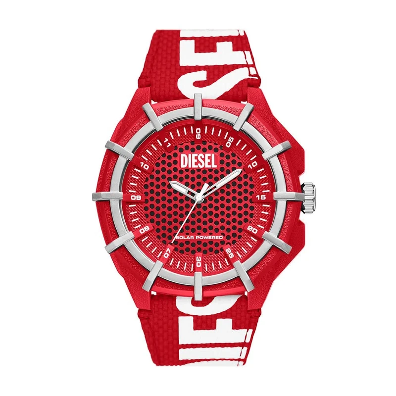 Diesel Watch for Men Framed, Solar Powered Three Hand Movement, 51 mm Red Castor Oil Case with a Pro-Planet Textile Strap, DZ4621
