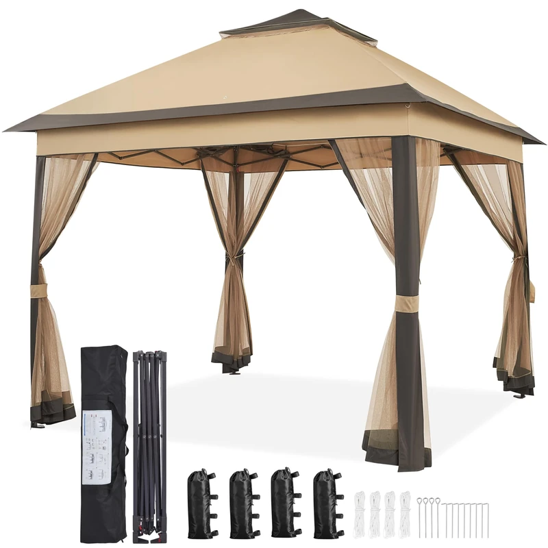 Yaheetech Pop Up Gazebo w/Sides, 3.3x3.3m Outdoor Instant Patio Canopy Shelter w/Mesh Netting, Waterproof Garden Gazebo with Sun Shade for Patio, Backyard, Wedding, Party, Double Top, Khaki & Brown