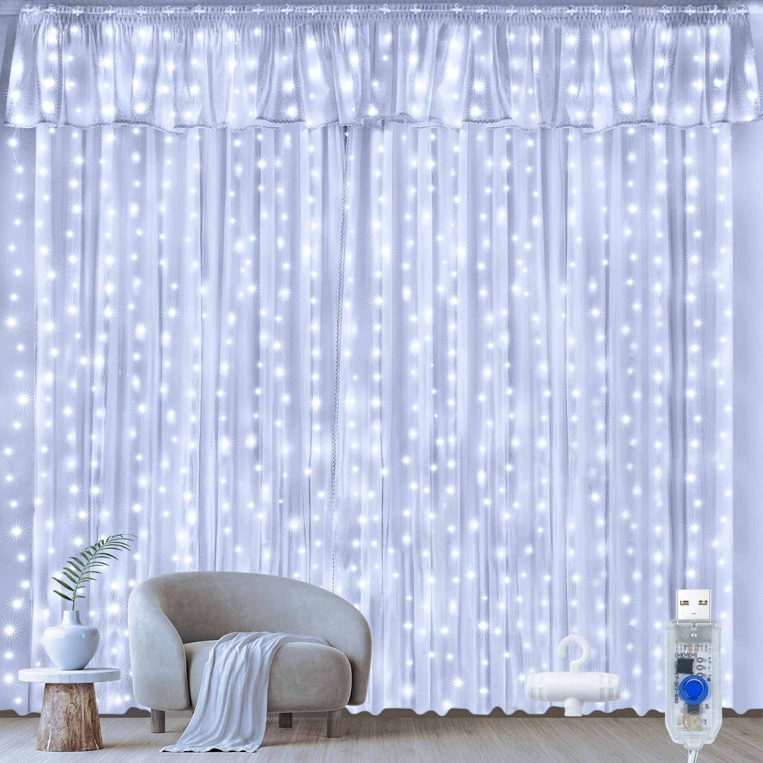Ollny Curtain Lights Indoor Outdoor, 300LED 3mx3m Christmas Window Fairy Lights, Waterfall Hanging String Light Waterproof with USB 8 Modes for Bedroom/Wedding/Party/Xmas Decorations, Cool White