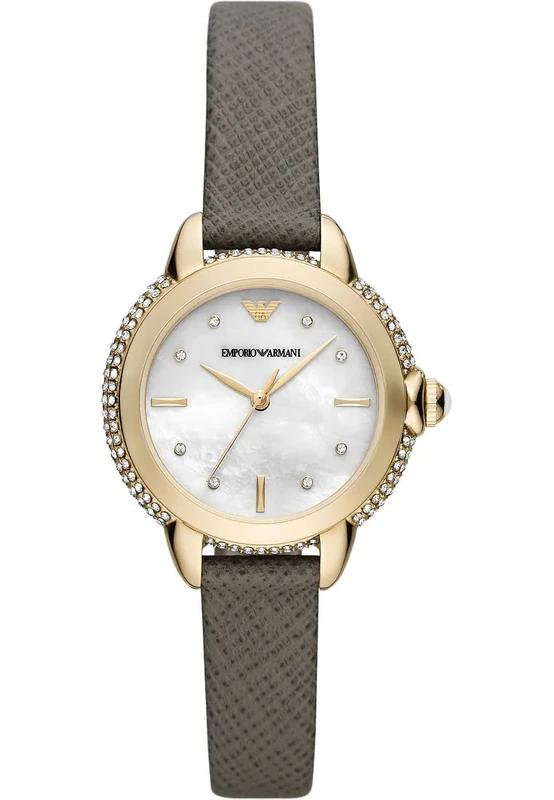 Emporio Armani Watch for Women , Three Hand movement, 32MM Gold Recycled Stainless Steel (At Least 50%) case with a Leather strap, AR11526