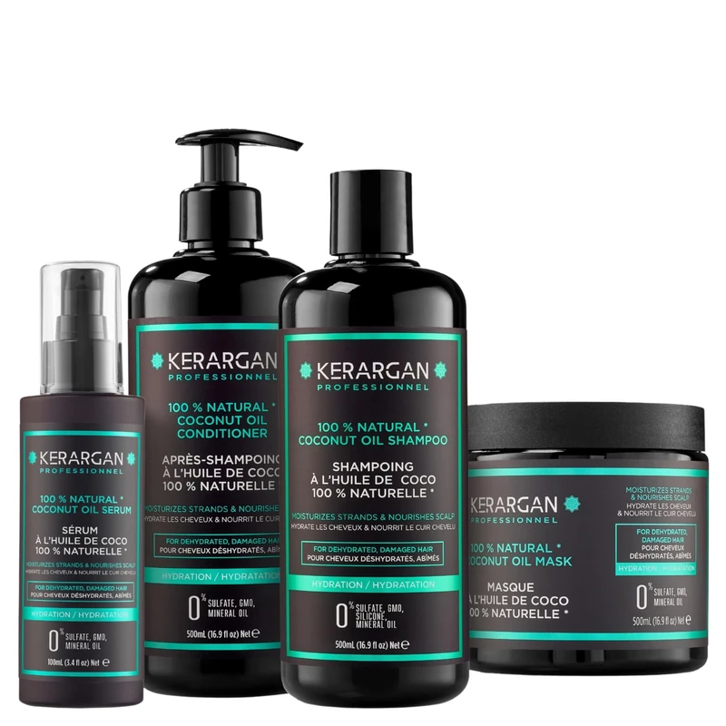 Kerargan - Shampoo, Conditioner, Mask and Serum Kit with Coconut and Argan Oil to nourish your hair and facilitate straightening - Dry hair - Sulfate, paraben, silicone free - 1600 ml