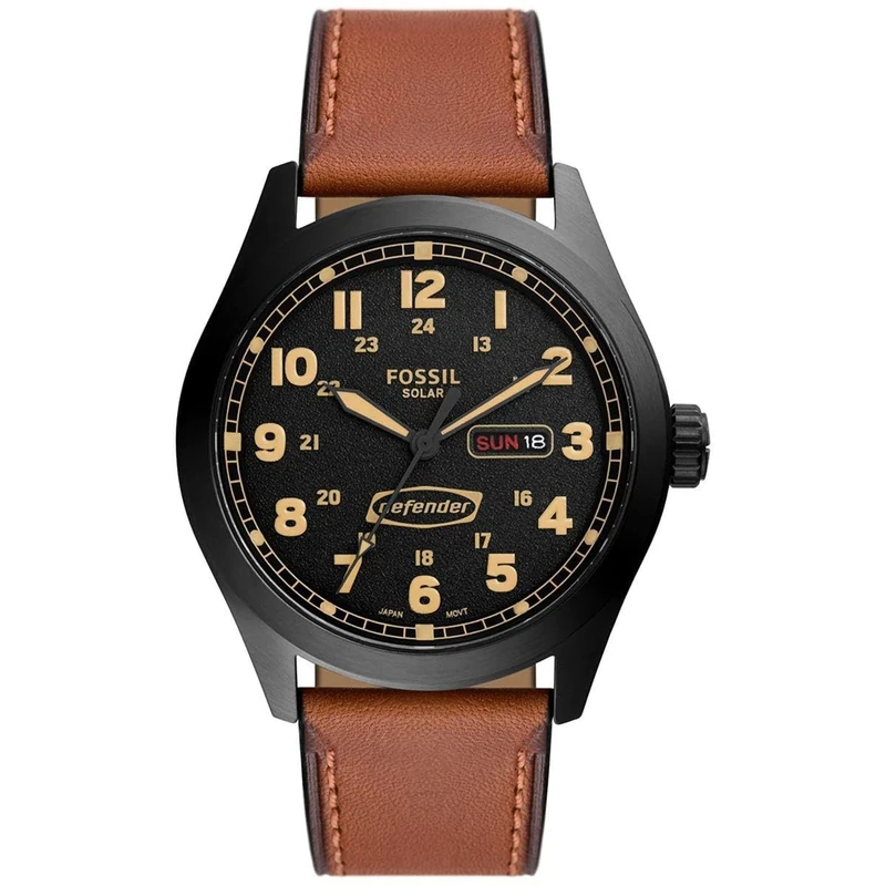 Fossil Watch for Men Defender, Solar Movement, 46 mm Black Stainless Steel Case with a Leather Strap, FS5978
