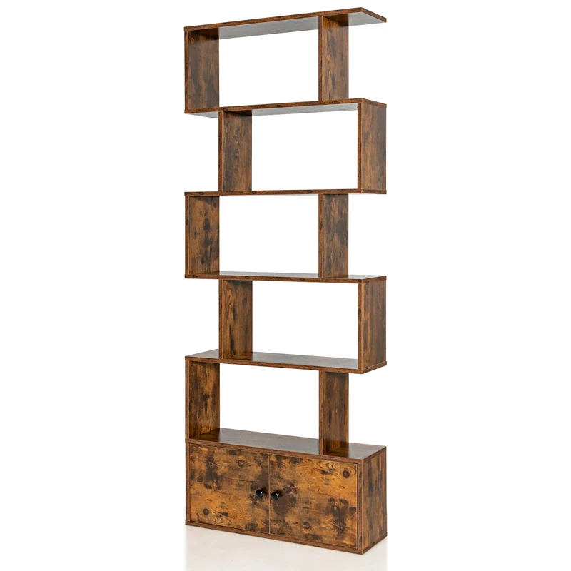 CASART 5/6 Tier Wooden Bookcase, Free Standing Shelving Stand Rack, S-Shaped Bookshelf Storage Display Unit (Brown,70 x 23 x 183cm)