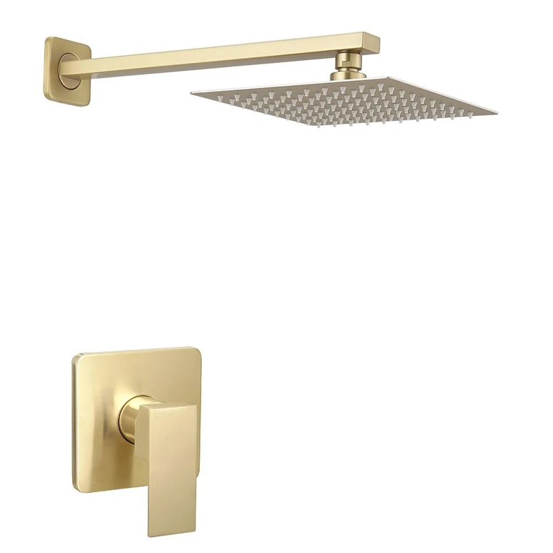 Heable Brushed Gold Shower Faucet Set, Single Function Shower Trim Kit with Rough-in Valve, Square Rain Shower Head System Included Extra Long Shower Arm for Bathroom
