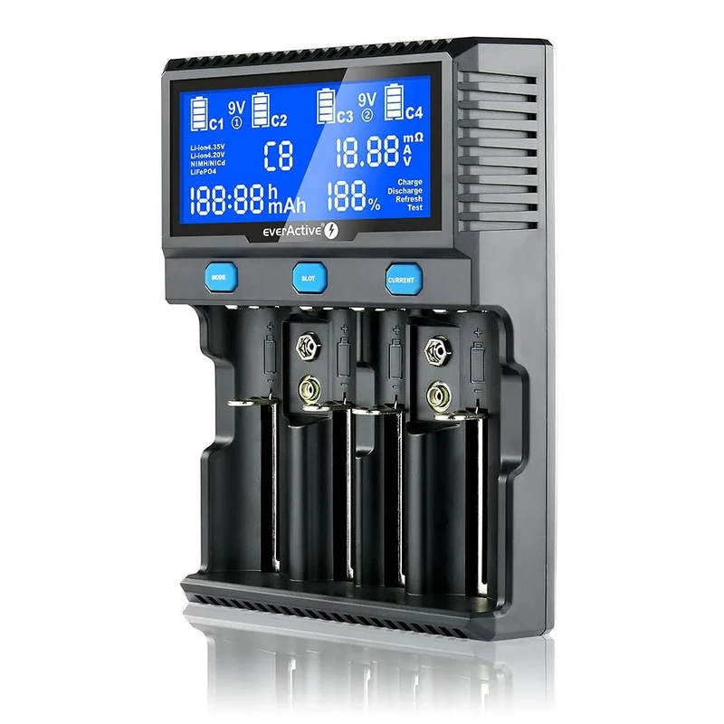 everActive UC4200 Professional Fast and Universal 4 Cylindrical Li-ion and NI-MH Battery Charger with LCD Display Capacity Test
