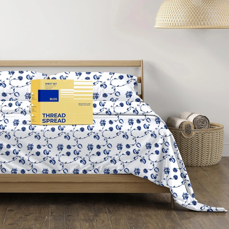 THREAD SPREAD 100% Cotton Printed Bed Sheets - 600 TC 4 Pc Floral Blue Full Printed Sheet Set - Hotel Luxury Sateen Weave Bedsheets - Deep Pockets - Breathable & Cooling Sheets for Full Size Bed