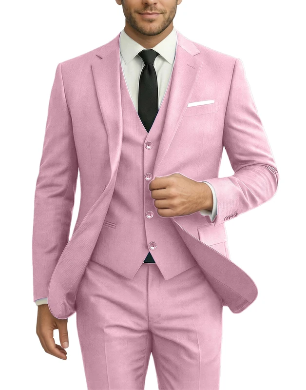 Diaryan Men's Pink Slim Fit 3-Piece Suit Set - Wedding, Business, Casual - M