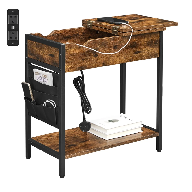 VASAGLE Slim Side Table with Charging Station, Narrow Bedside Table with Storage, End Table with USB Ports, Outlets, Fabric Bags, for Living Room, Bedroom, Rustic Brown and Black LET309B01