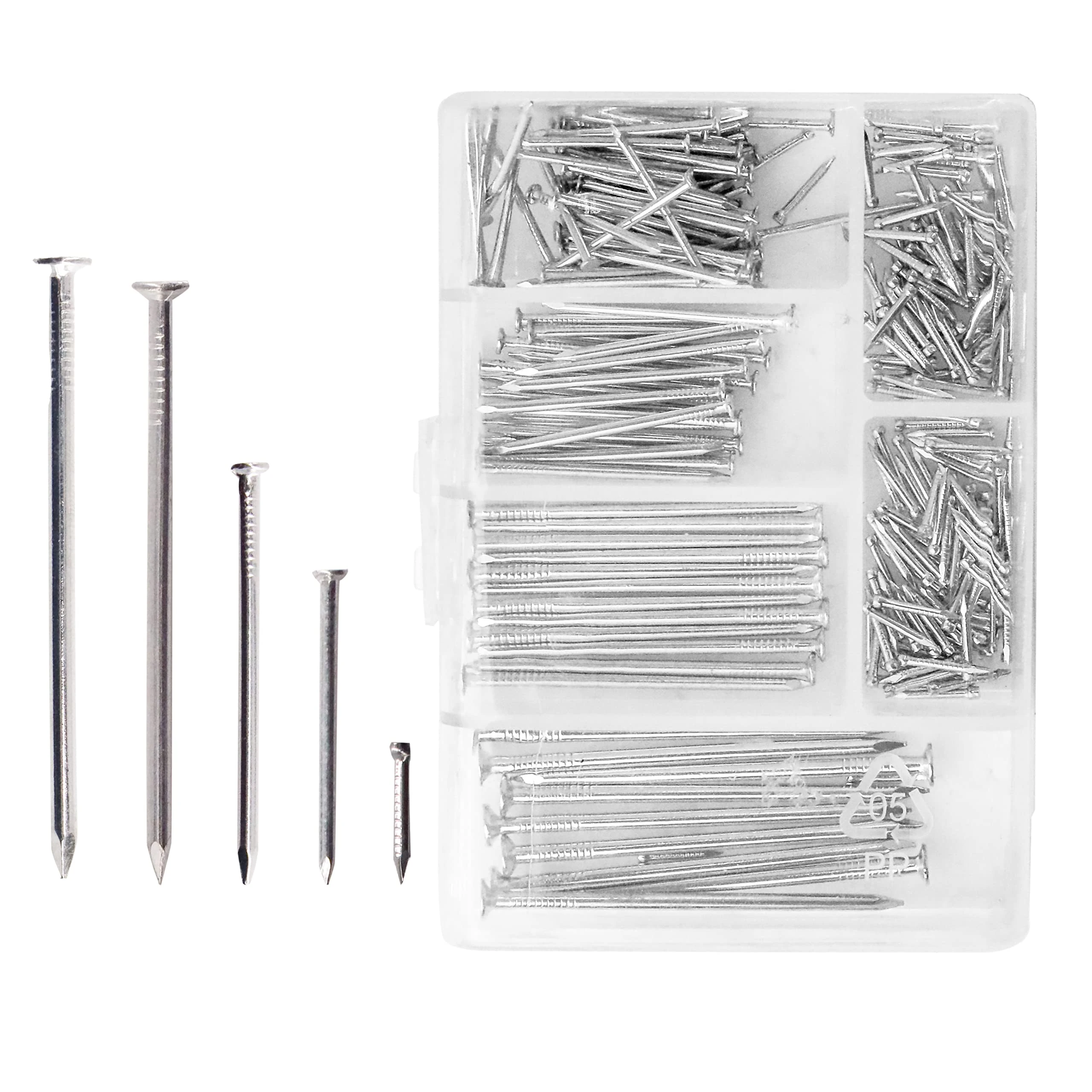 250 Assorted Flat Head Nails Perfect for Wood and Hanging Pictures, Long, Medium and Small Wall Nails for DIY and Crafts, Home Décor, Woodwork, Furniture and Construction, Silver