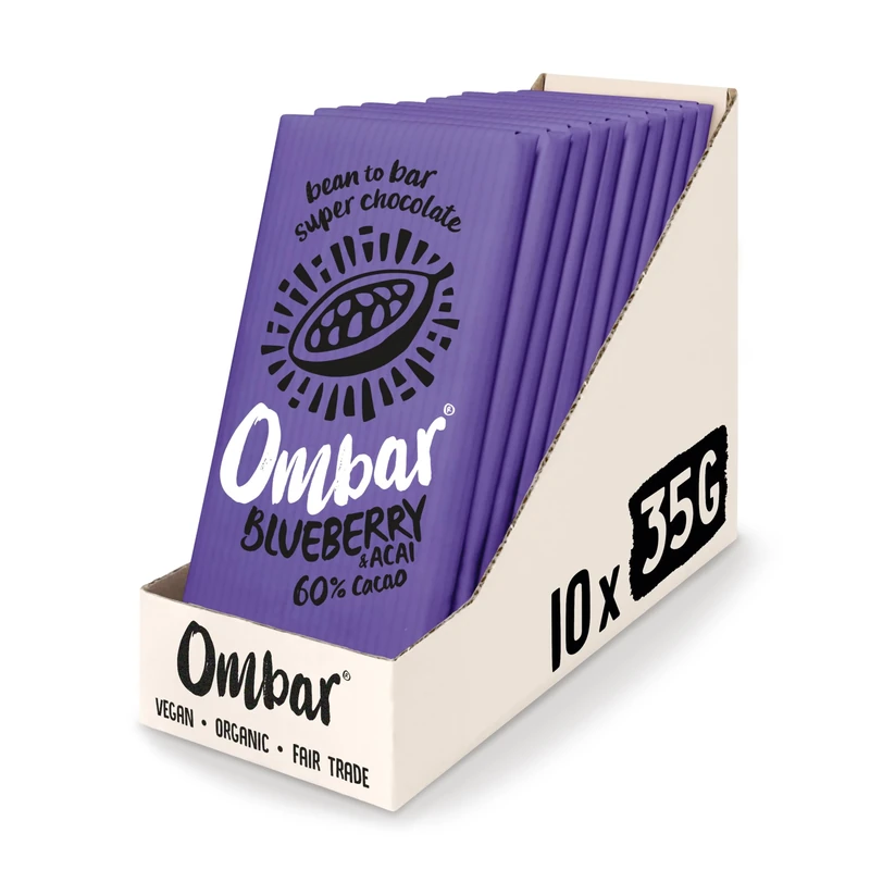 Vegan Chocolate Bar - Ombar Blueberry & Acai Chocolate - Organic Fair Trade Chocolate - Dairy and Gluten Free - Raw Cacao - 35g - Pack of 10