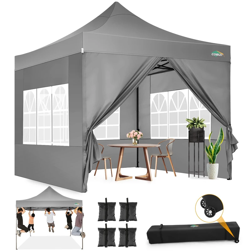 COBIZI Gazebo Folding Gazebo 3 x 3 Waterproof Stable Winterproof Outdoor Folding Party Tent, Garden Gazebo with 4 Side Panels and 4 Sandbags and Wheel Bag, Grey