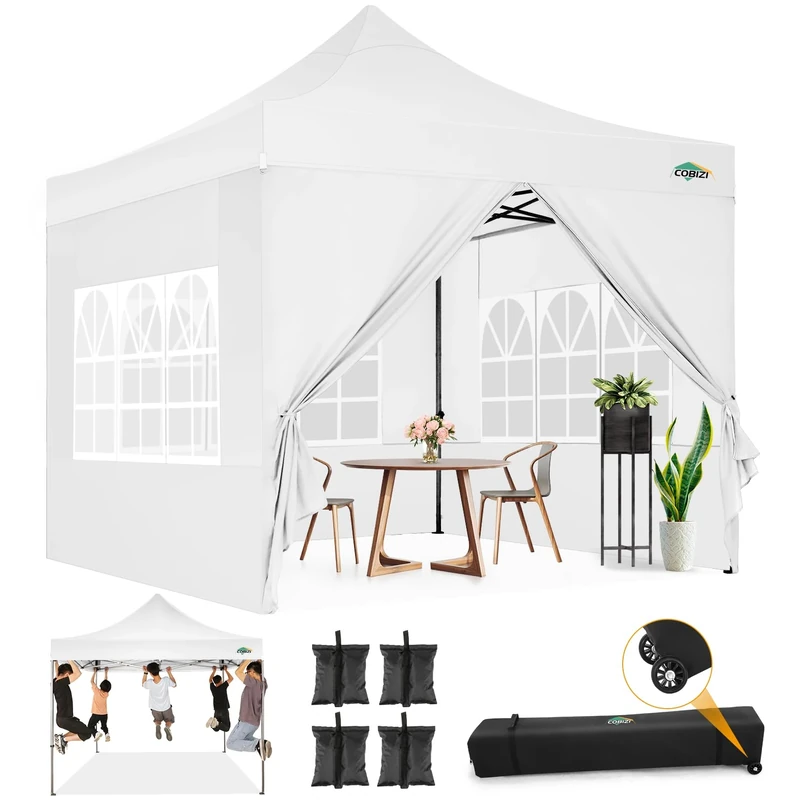 COBIZI Gazebo Folding Gazebo 3 x 3 Waterproof Stable Winterproof Outdoor Folding Party Tent, Garden Gazebo with 4 Side Panels and 4 Sandbags and Wheel Bag, White