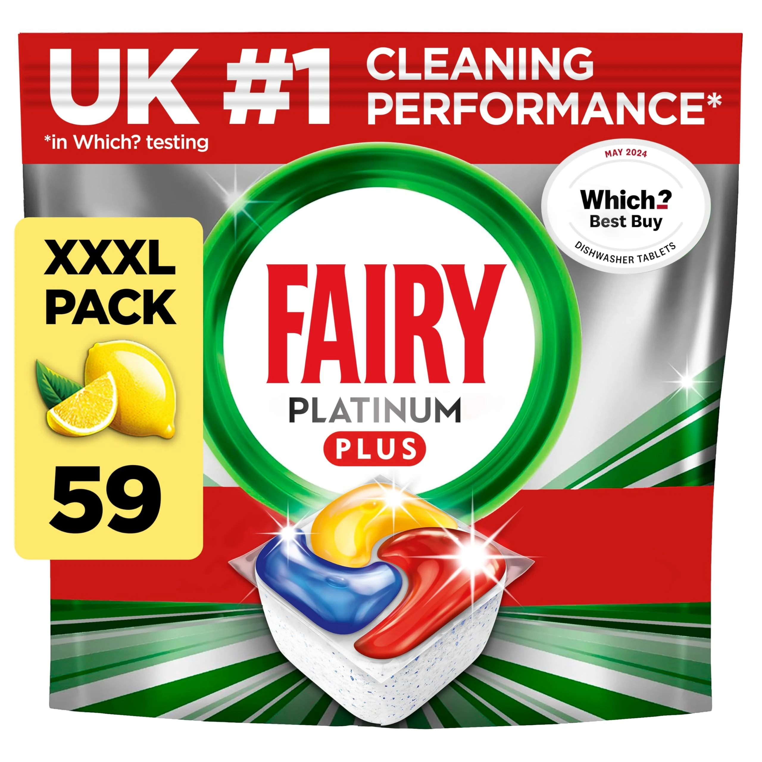 Fairy Platinum Plus Dishwasher Tablets – Bulk Pack, 59 Tablets, XXL Pack, Lemon