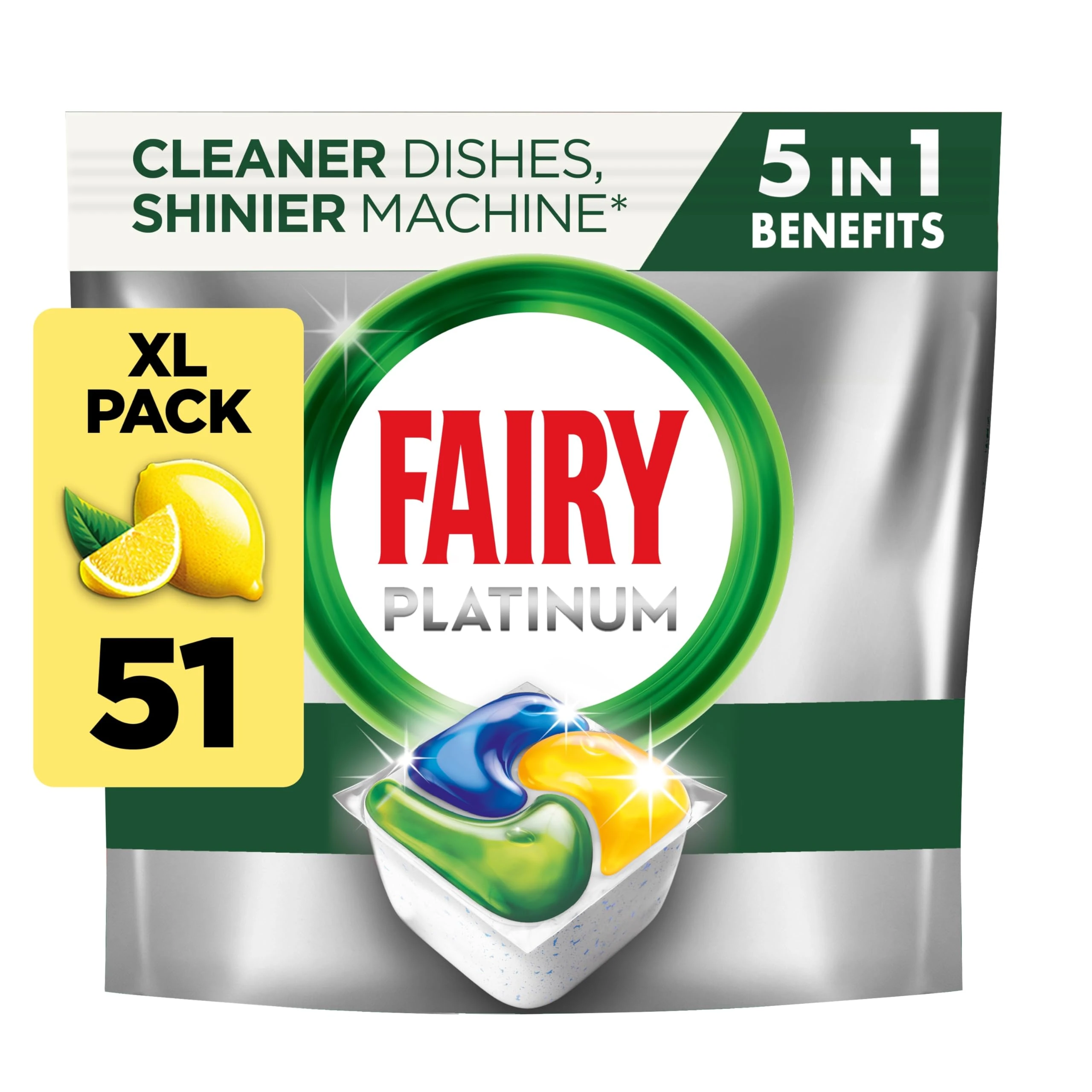 Fairy Platinum Lemon All-In-1 Dishwasher Bulk Pack, 51 Pods, Platinum Dishwashing Formula