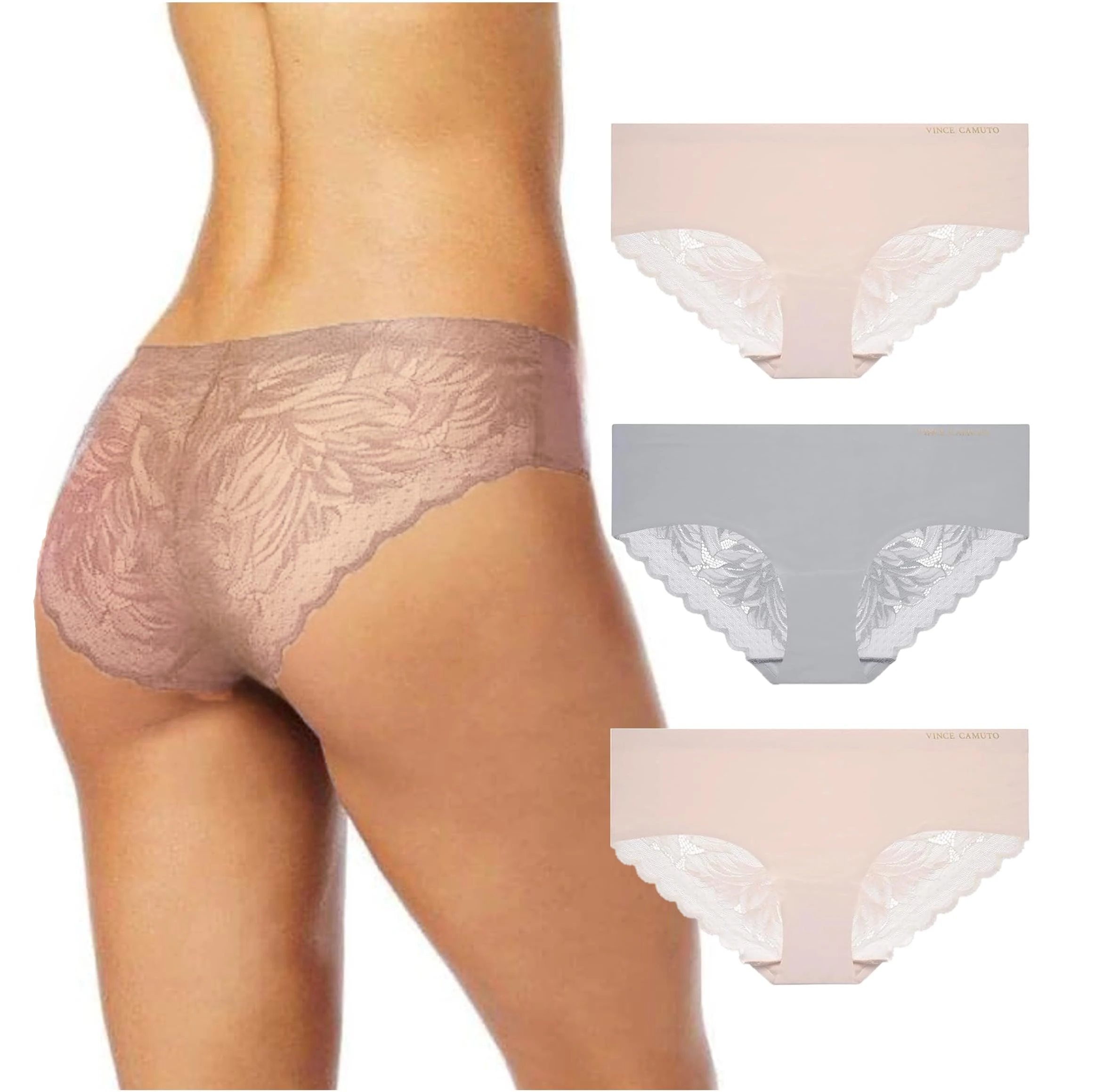 Vince Camuto Women's Underwear - Seamless Lace Hipster Briefs (3 Pack), Morganite/Grey/Morganite, S