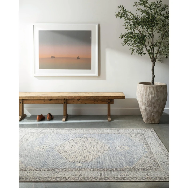 Livabliss x Becki Owens Simran Vintage Rug - Area Rugs Living Room 120x170 cm, Dining Floor, Kitchen, Traditional Multicoloured Boho Style, Easy Care Pile, Bohemian Large Rug, Denim, Grey, Off-White