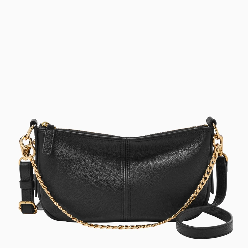 Fossil Women's Jolie Leather Baguette Shoulder Bag Purse Handbag, Black W/Chain, One Size